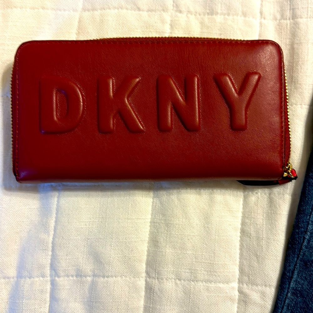 DKNY red leather zip wallet